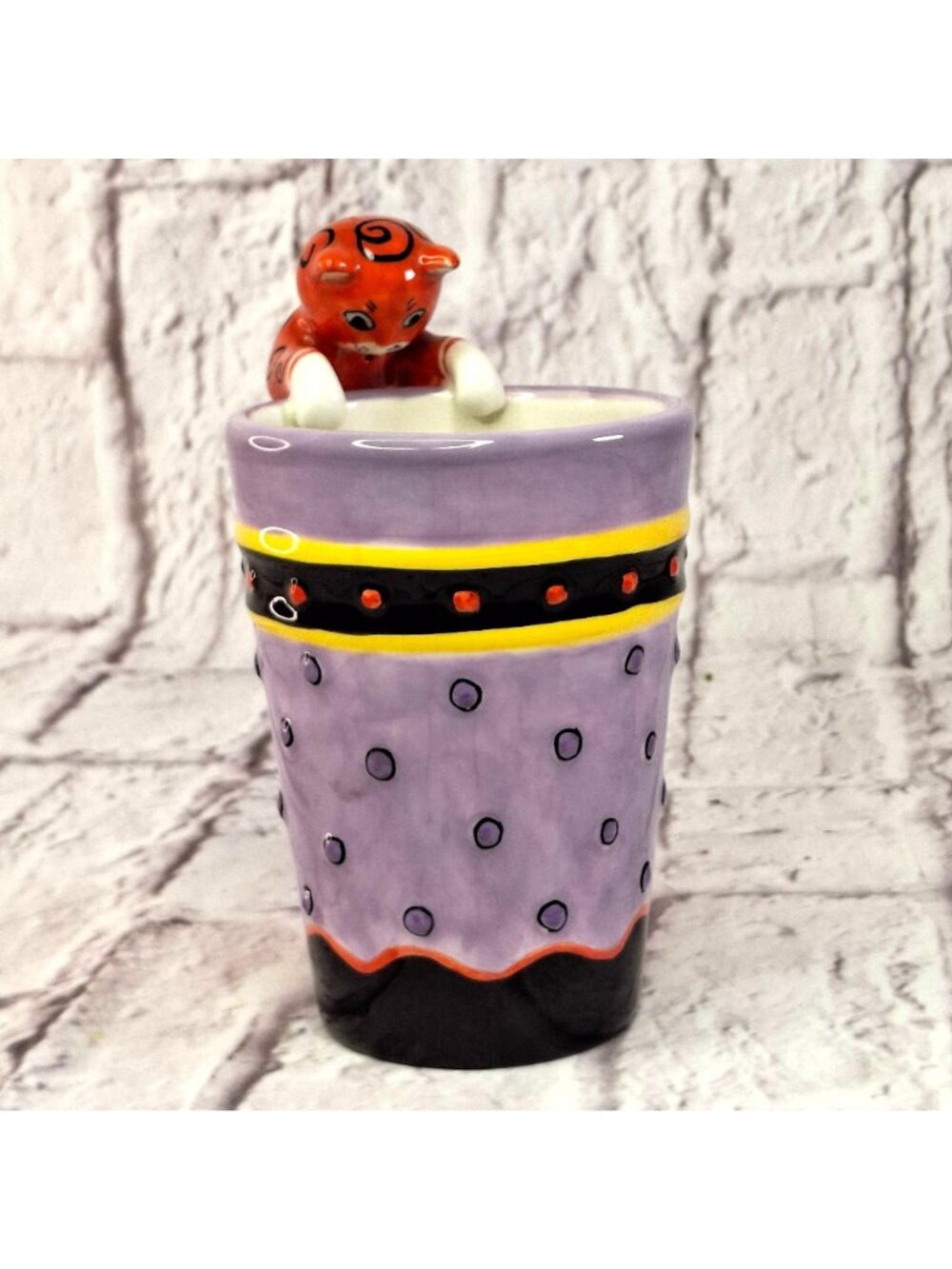 C M Redwine Art Pottery Handle Mug Purple & Red Cat Whimsical Microwave Safe - Picture 2 of 6